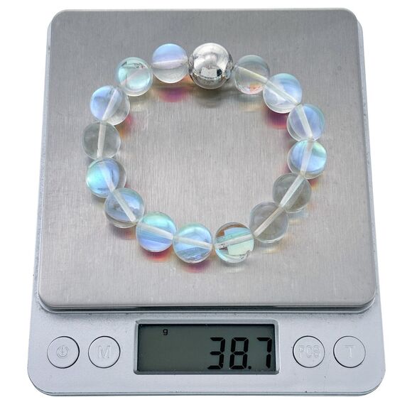 Vintage Silver Tone 12mm Opalescent Frosted Glass Bead Stretch Bracelet 6.25" - Picture 5 of 5
